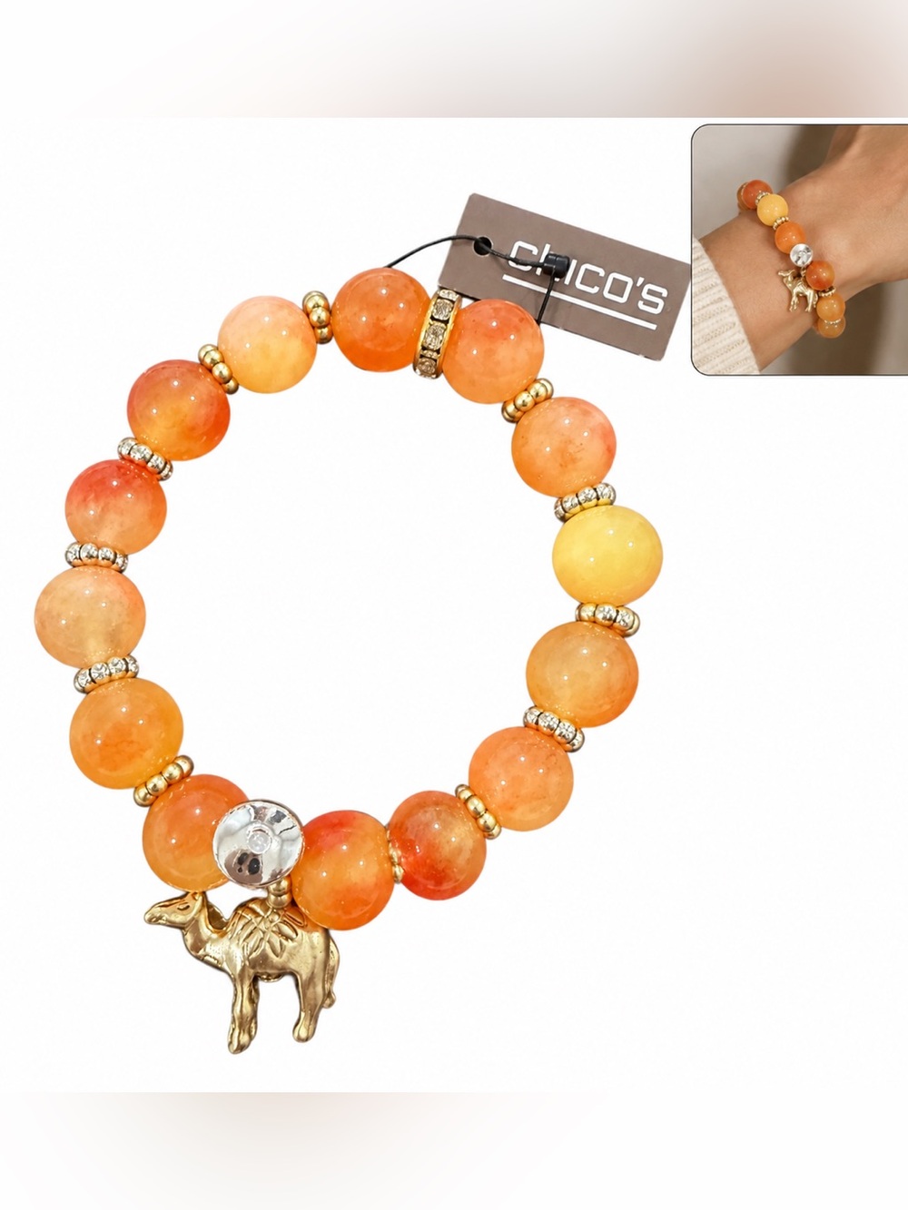 Chico's Orange and Yellow Beaded Bracelet with Gold Camel Charm cute new gift